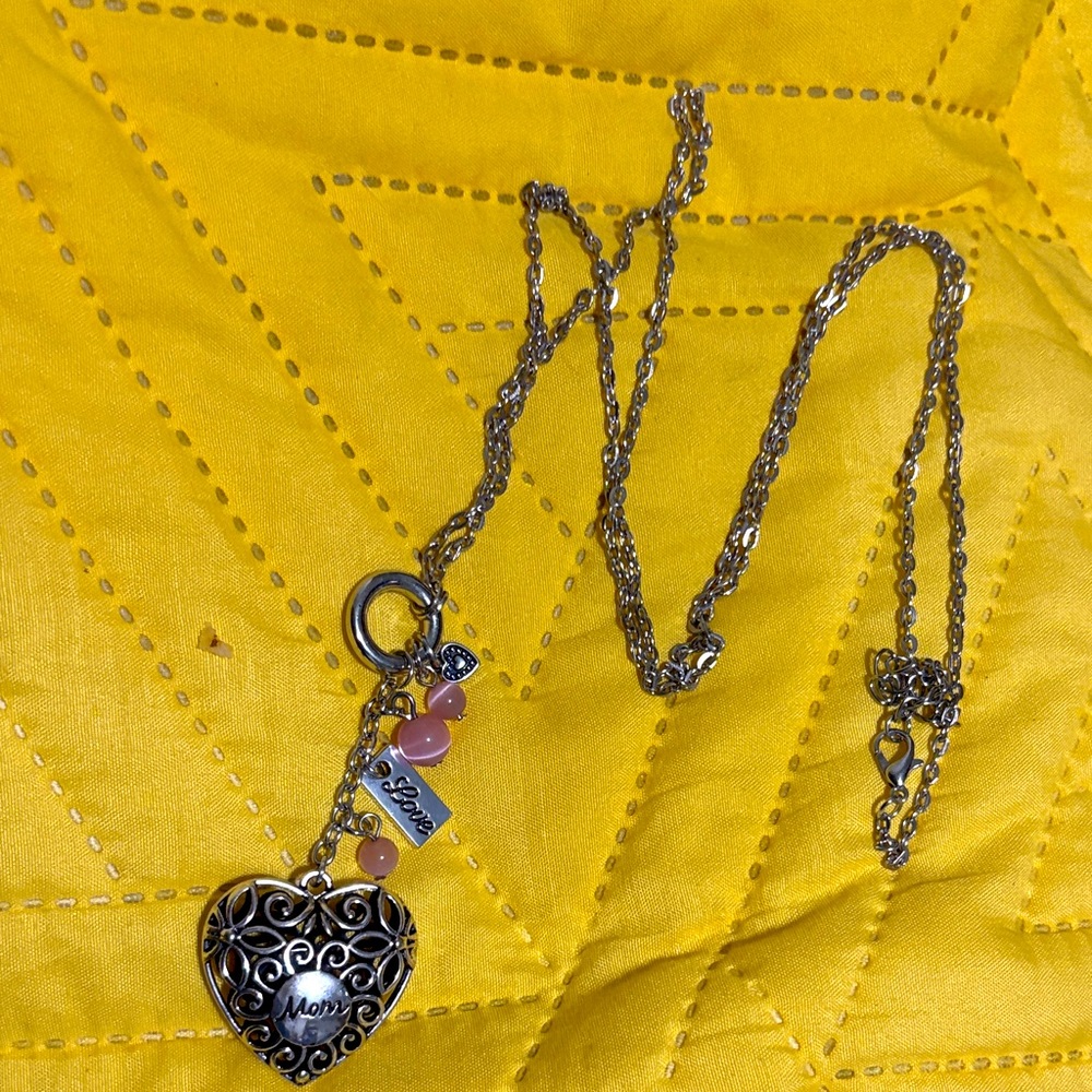 Mom Heart Locket Necklace with Pink Beads - Silver Tone
